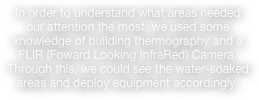 In order to understand what areas needed our attention the most, we used some knowledge of building thermography and a FLIR (Foward Looking InfraRed) Camera. Through this, we could see the water-soaked areas and deploy equipment accordingly.